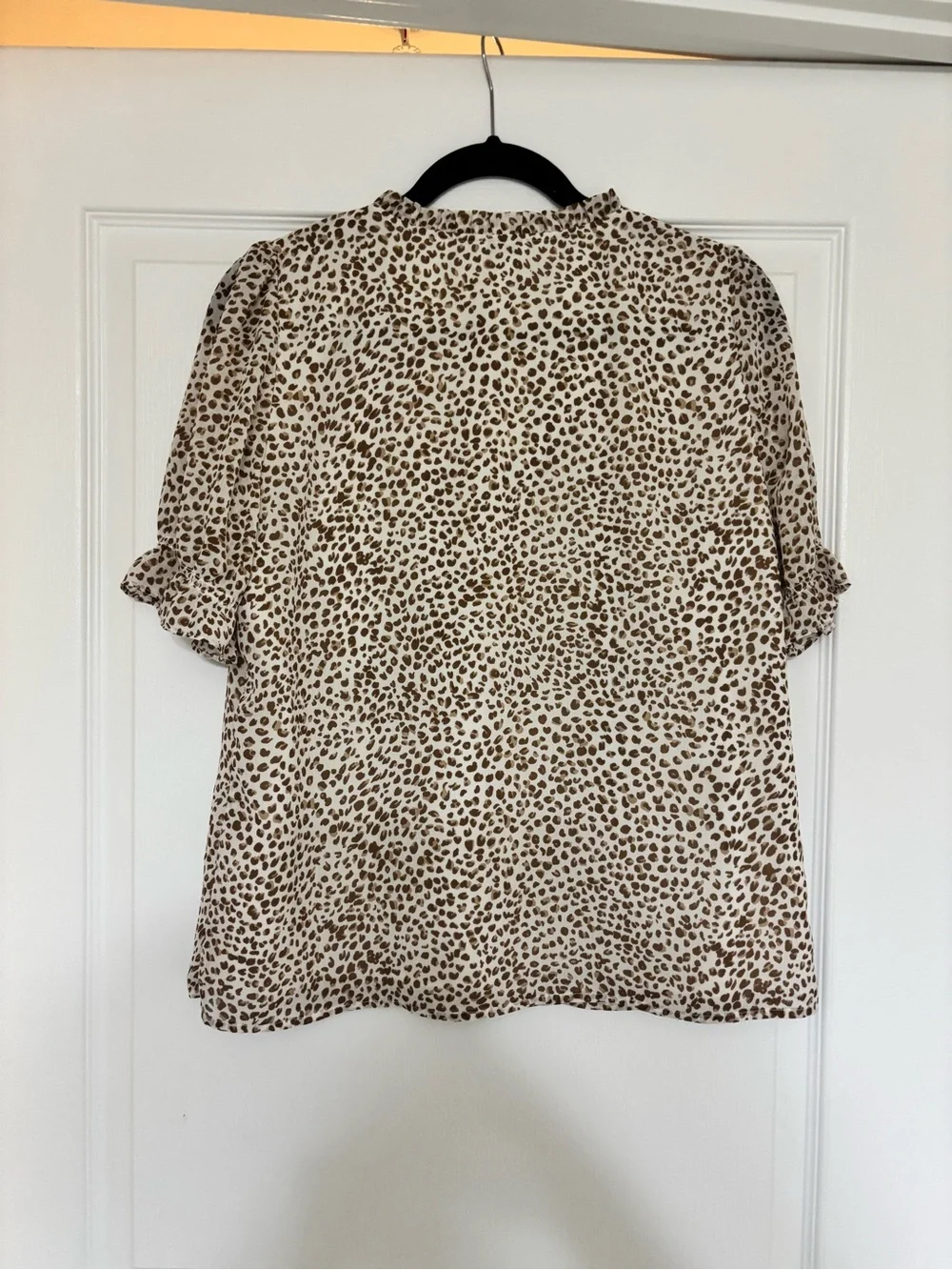 J. Crew Cream and Brown Leopard-Print Ruffle V-Neck Blouse